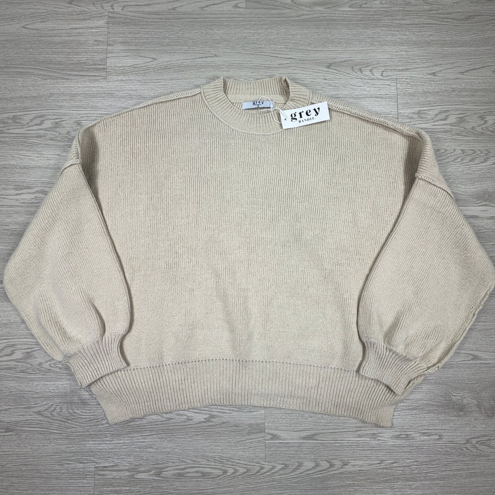 Grey Bandit Women Sweater Oatmeal Beige Medium NWT Ribbed Crew Neck